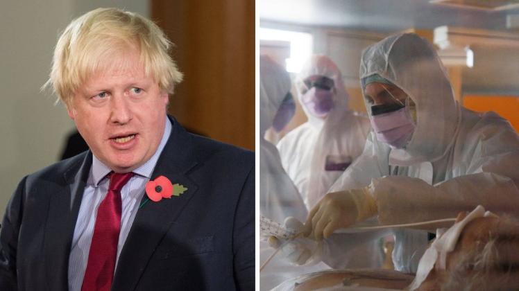 Premier Boris Johnson hatte seine Corona-Infektion Ende März bekannt gegeben. Collage: imago images / Sven Simon und imago images / Ulmer