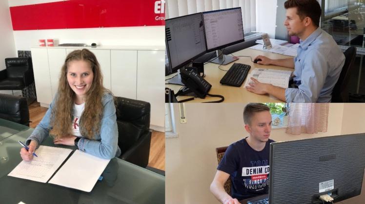 Vorbereiten auf die Prüfungen im Juni: Sophie Wessels (links), Simon Otto (oben) und Léon Kinkhorst müssen sich noch etwas gedulden. Fotos: emco Group/Fa. Kampmann/Kinkhorst