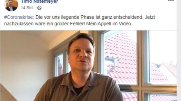 Bad Essens Bürgermeiser TImo Natemeyer macht sich in einer Videobotschaft für ein striktes Beibehalten der Kontaktverbote stark. Foto: noz.de/Screenshot/Facebook