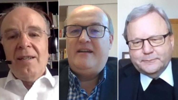 Im Video-Talk: (von links) Landesbischof Ralf Meister, NOZ-Redakteur Stefan Alberti und Bischof Franz-Josef Bode. 