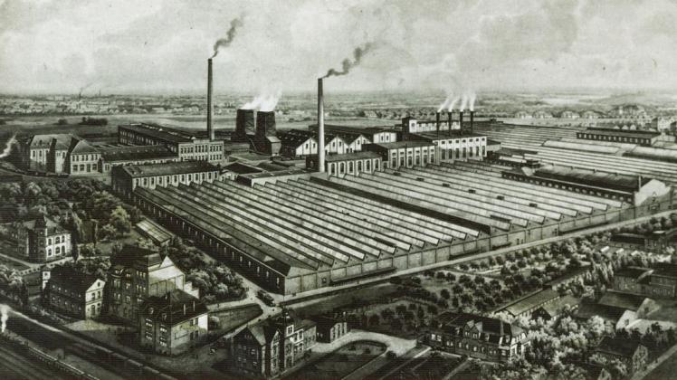 Das Panoramabild zeigt das Delmenhorster Jute-Werk in seiner größten Ausdehnung kurz vor den Kriegszerstörungen. Das Gemälde befand sich einst in den Verwaltungsräumen der Fabrik. Foto: dk-Archiv