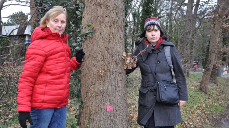 Die Warnemünderinnen Billy Parczyk (l.) und Annette Boog protestieren mit anderen gegen das Fällen von Bäumen.