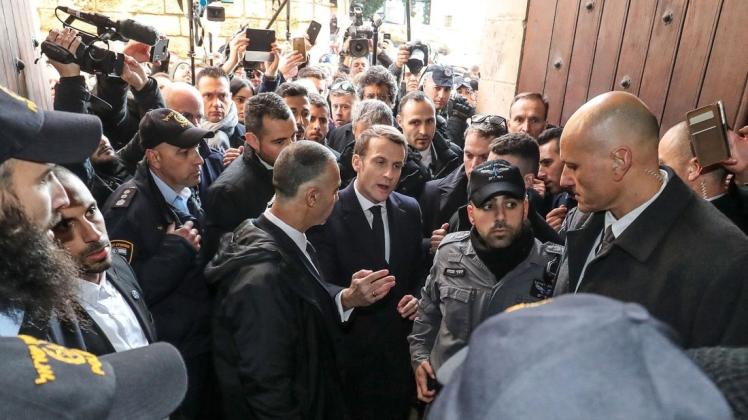 Emmanuel Macron ist mit israelischen Polizisten aneinander geraten. Foto: AFP/ Ludovic Marin