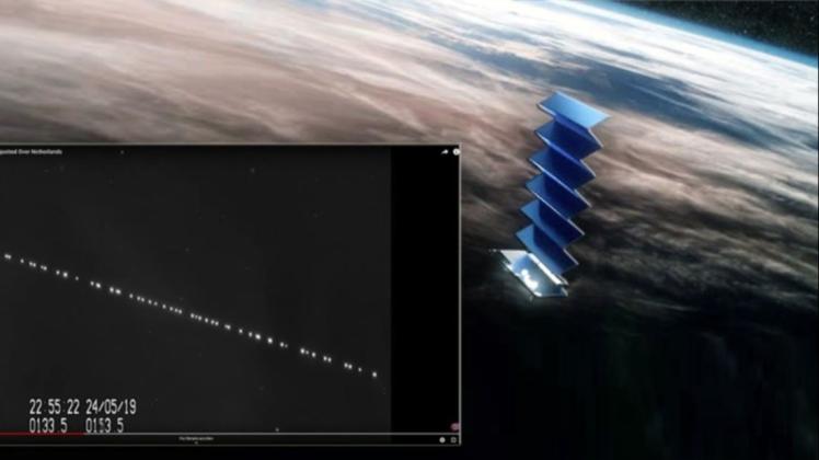 So wie im kleinen Video-Screenshot präsentieren sich die ersten Starlink-Satelliten kurz nach dem Start im Mai über den Niederlanden. Die Illustration (im großen Foto) zeigt die Satelliten. 