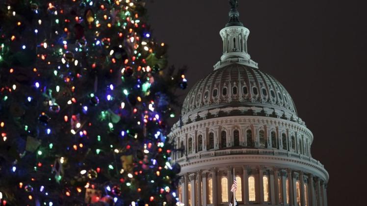 Ein mit Lichtern geschmückter Weihnachtsbaum steht vor dem Kapitol. Heute ist der Weihnachtsbaum aus Nordamerika nicht mehr wegzudenken. Foto: dpa/J. Scott Applewhite