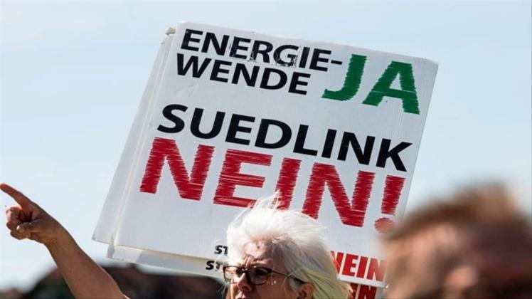 Öko-Strom aus dem windigen Norden ja, Stromtrassen nein: Protest gegen die sogenannte Suedlink-Leitung in Thüringen. 