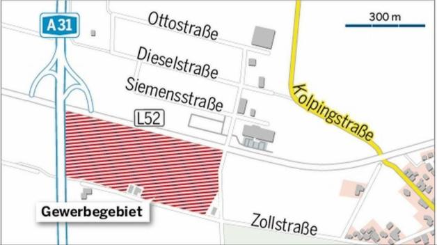 Gewerbegebiet A31 - Südlich L52 Quelle: Gemeinde Rhede • Grafik: NOZ/Heiner Wittwer