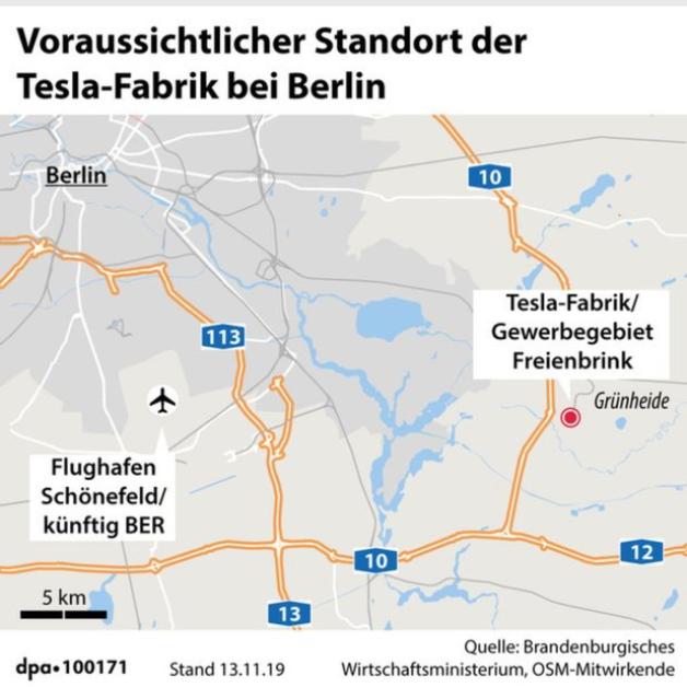 Voraussichtlicher Standort der Tesla-Fabrik bei Berlin. Grafik: dpa