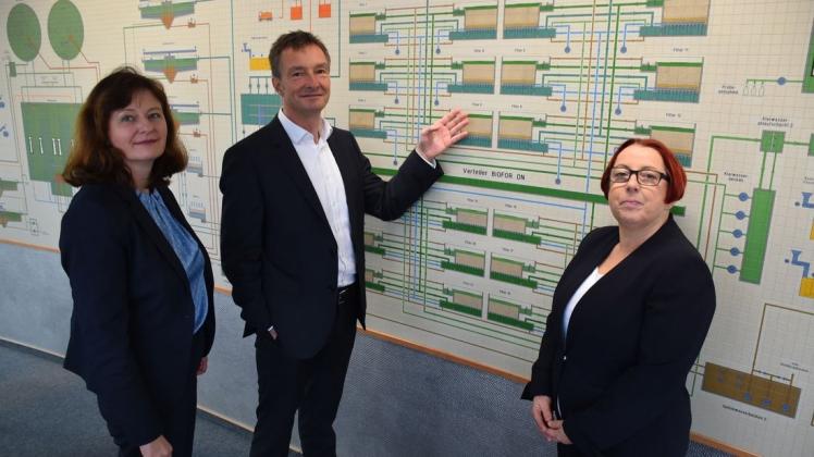 Die kaufmännische Geschäftsführerin von Nordwasser Michaela Link (v. l.) und ihr Kollege für den technischen Bereich Ulf Altmann sowie WWAV-Geschäftsführerin Katja Gödke skizzieren die Entwicklung der Trinkwasserpreise.
