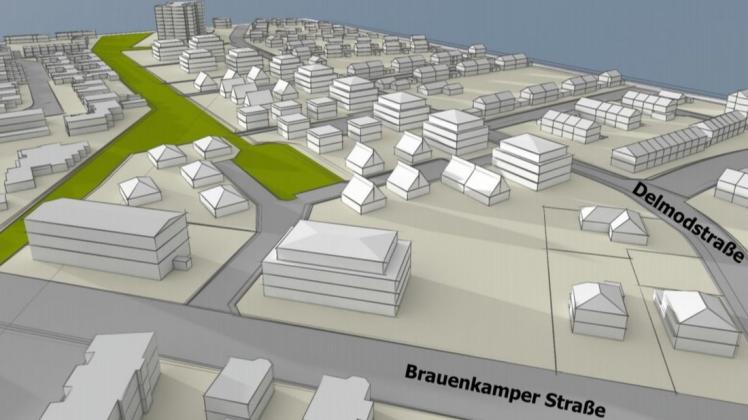 Für die Stadt fügt sich das neue Delmod-Wohnviertel verträglich in die Nachbarschaft ein, für die umliegenden Anwohner ist das Ganze jedoch immer noch viel zu massiv. Grafik: Stadt Delmenhorst Für die Stadt fügt sich das neue Delmod-Wohnviertel verträglich in die Nachbarschaft ein, für die umliegenden Anwohner ist das Ganze jedoch immer noch viel zu massiv. Grafik: Stadt Delmenhorst