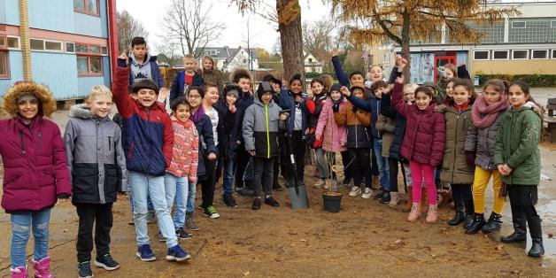 Die Schüler der Grundschule an der Beethovenstraße freuen sich über den Baum, der ihnen von der Willmsstraße geschenkt wurde. Foto: Klaas Wiggers Die Schüler der Grundschule an der Beethovenstraße freuen sich über den Baum, der ihnen von der Willmsstraße geschenkt wurde. Foto: Klaas Wiggers