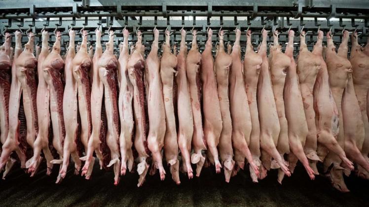 Halbierte Schweine hängen in einem Schlachthof an den Haken. Foto: Mohssen Assanimoghaddam/dpa