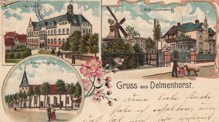 Postalische Grüße aus der Heimat: Die 1906 versandte Karte zeigt als Delmenhorster Sehenswürdigkeiten die damalige Realschule an der Willmsstraße, die Mühlenstraße und die Stadtkirche. Foto: dk-Archiv Postalische Grüße aus der Heimat: Die 1906 versandte Karte zeigt als Delmenhorster Sehenswürdigkeiten die damalige Realschule an der Willmsstraße, die Mühlenstraße und die Stadtkirche. Foto: dk-Archiv