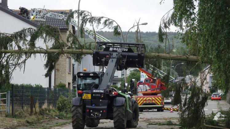 Nach einem schweren Unwetter in Luxemburg mit einem Tornado räumen Helfer einen umgestürzten Baum von einer Straße. Foto: dpa/Harald Tittel