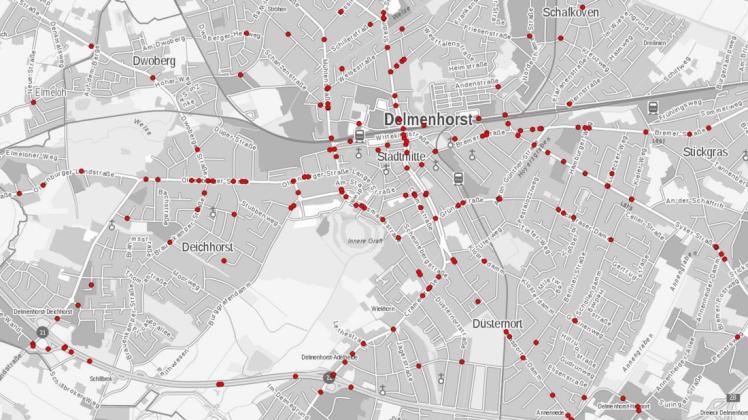 Der Unfallatlas zeigt, wo in Delmenhorst 2018 Menschen im Verkehr zu Schaden gekommen sind. Karte: Statistische Ämter