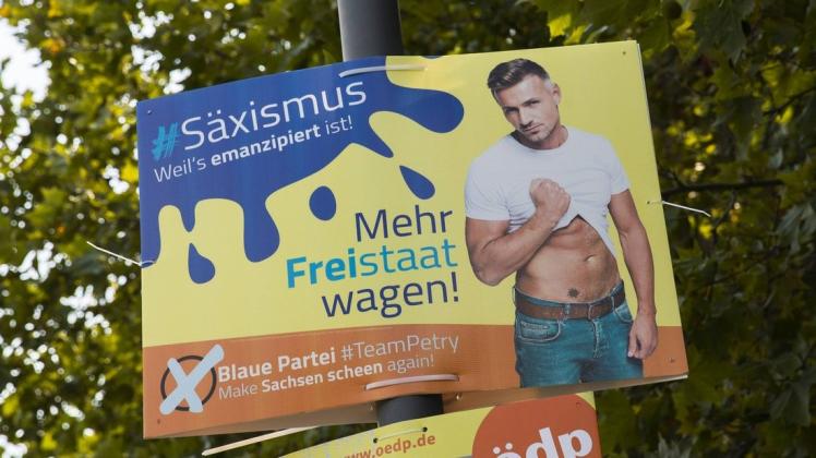 "Säxismus": Wahlplakate der Blauen Partei von den Wahlen in Sachsen. Foto: imago images/Emmanuele Contini