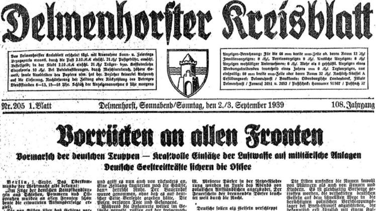 Der Krieg hat begonnen: Titelseite des Delmenhorster Kreisblatts am 2. September 1939. Foto: dk-Archiv