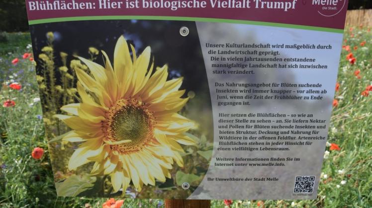 Biologische Vielfalt ist in Melle Trumpf: Hinweistafeln informieren über den Sinn und Zweck der Blühflächen. Foto: Simone Grawe
