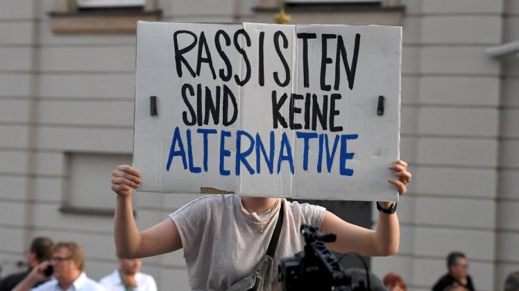Eine Frau hält vor dem Landtag ein Plakat mit der Aufschrift "Rassisten sind keine Alternative" hoch. Foto: dpa/Monika Skolimowska