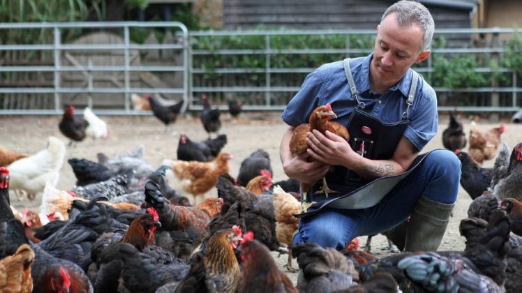 Alexander Bachmann hält hinter der "Waldschänke" mehr als 300 Hühner. Foto: Karsten Grosser