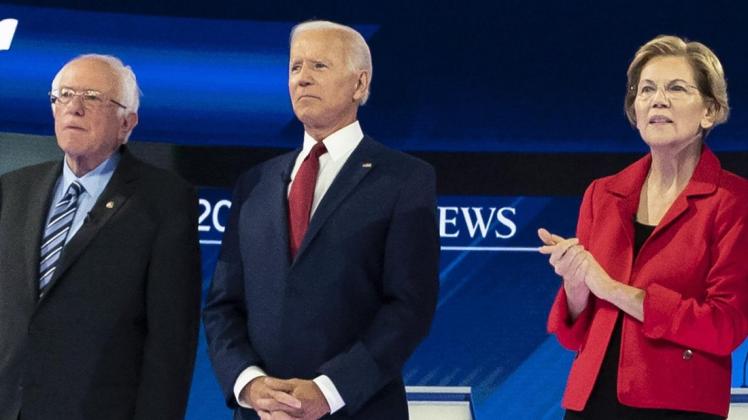 Bernie Sanders, Joe Biden und Elizabeth Warren (von links) liegen bisher bei den Umfragen vorne. Foto: imago images/Kevin Dietsch