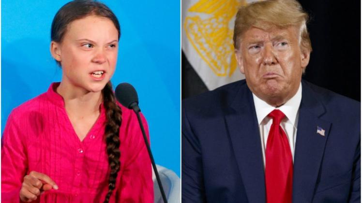 Greta Thunberg und Donald Trump sind beim UN-Klimagipfel in New York fast unbemerkt aufeinander getroffen. Fotos: dpa (2)/Jason Decrow/Evan Vucci; Collage aus Symbolfotos