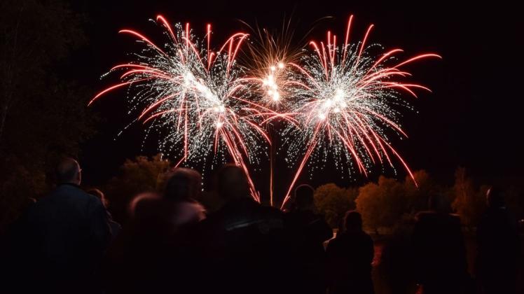 Das bunte Feuerwerk sorgte bei den Besuchern am Falkensteinsee für Begeisterung. Foto: Christopher Bredow