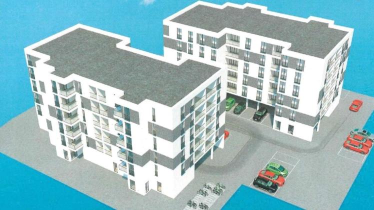 So könnte der Gebäudekomplex in der Walter-Butzek-Straße 5 einmal aussehen. In den zwei Gebäuden entstehen jeweils 30 Wohnungen. Das Erdgeschoss bietet jeweils rund 150 Quadratmeter für Gewerbeflächen.
