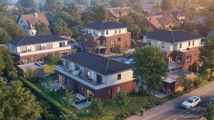 Die geplante Bebauung an der Natruper Straße: Bis zu vier Mehrfamlienwohnhäuser sollen auf dem Grundstück entstehen. Ansicht: Gemeinde Hagen/Büro Tovar