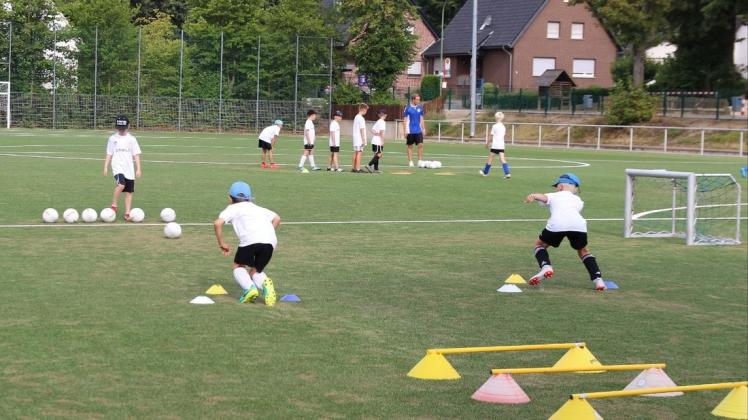 Wie die Profis trainierten die jungen Kicker bei der Fußballschule der Deutschen Fußball Akademie auf dem Harderberger Sportplatz. Foto: Petra Ropers