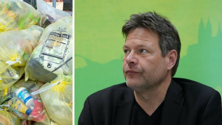 Grünen-Vorsitzender Robert Habeck fordert von den Deutschen ein Umdenken beim Plastikkonsum. Fotos: dpa/Patrick Pleul/Peter Endig, Collage: NOZ