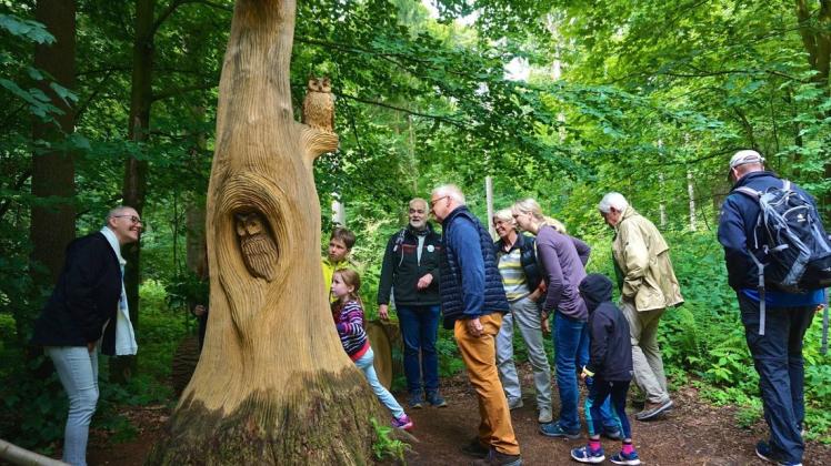 Wo ist der Specht? Aus dem Hochstumpf einer Eiche schnitzte Forstwirtschaftsmeister Hubert Krogmann eine Skulptur im Bad Iburger Waldkurpark. Förster Rainer Städing (vierter von links) erklärte auf der Führung der Niedersächsischen Landesforsten und dem Baumwipfelpfad, warum Eichenholz widerstandsfähiger ist als das der Buche. Foto: Carolin Hlawatsch