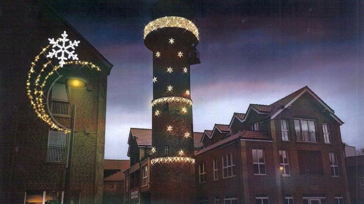 In weihnachtlichem Glanz wird auch der Wasserturm in Haselüne leuchten. Grafik: Stadt Haselünne