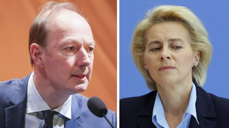 Alle Zeichen auf Angriff: Der deutsche Europaabgeordnete Martin Sonneborn kritisiert Ursula von der Leyen scharf. Collage: imago images / Mauersberger / Thomas Trutschel