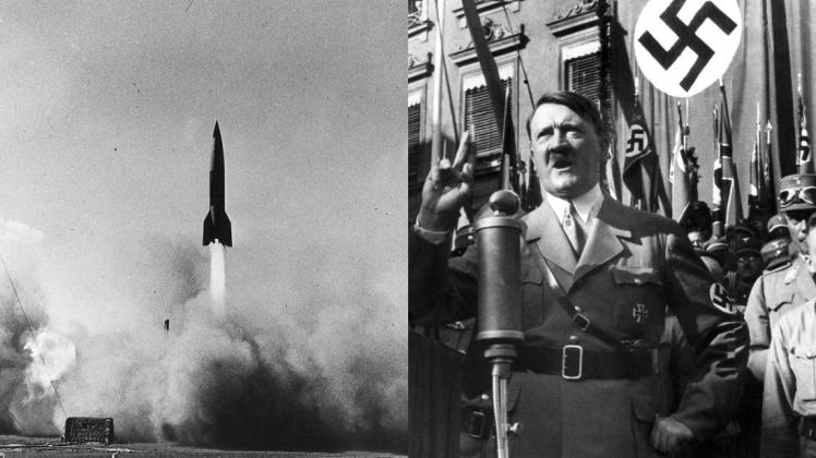 Insgesamt wurden etwa 3200 V2-Raketen abgefeuert. Sie dienten Adolf Hitler auch als Propagandamittel. Collage: imago images / United Archives und dpa