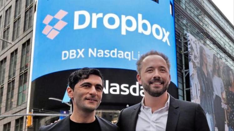 Die Dropbox-Gründer Arash Ferdowsi (l) und Drew Houston in New York. 