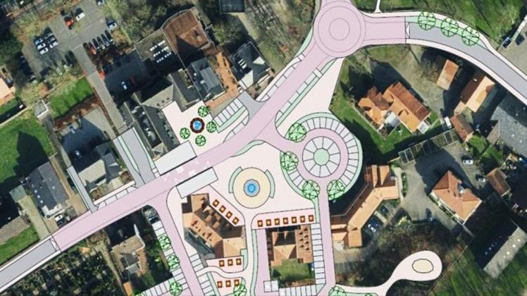 Grundidee ist der geteilte Verkehrsraum (Shared Space). Wie die Gestaltung von Westerkappelner Straße, Rathausplatz und Kreuzungsbereich dann aussehen könnte ,zeigt dieser Vorschlag. Planskizze: DSL Ingenieure