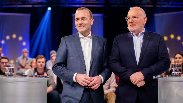 Manfred Weber (links, EVP) und Frans Timmermans (SPE), beanspruchen als Spitzenkandidaten für die Europawahl Führungsposten in der EU. Foto: dpa/Rolf Vennenbernd