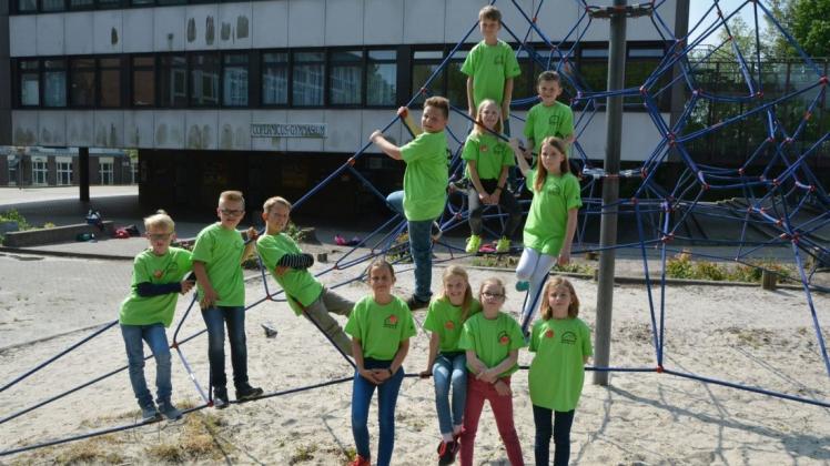 Rechenkünstler: (unten von links): Tristan Meyer, Philipp Büter, Justus Niedenhof, Jule Fleer-Thien, Theresa Suren, Eva Meyer, Nele Benten sowie (oben von links): Jonas Schmidt, Emilie Dinklage, Gerrit Menke, Jakob Albers und Wanda Tholen. 