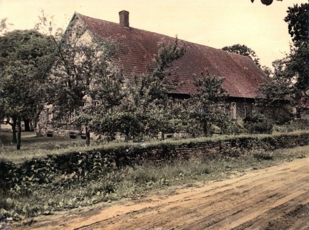 Der Hof Wulftange (um 1865 bis 1965) an der heutigen Adenauerallee, die damals noch ein namenloser Feldweg war. Am rechten Bildrand ist die Eiche zu erkennen, die die Zeiten überdauert hat. Nachkoloriertes Foto aus dem Familienarchiv Wulftange