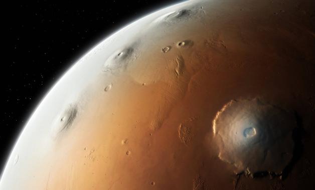 Illustration des vulkanischen Plateaus "Tharsis" auf dem Mars. Die Vulkane auf dem Bild haben einen Durchmesser von bis zu 450 Kilometern. Foto: imago/Science Photo Library