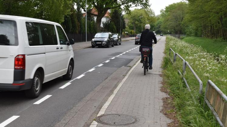 Die Markierungen für den neuen Radfahrerschutzstreifen am Burggrafendamm in Delmenhorst sind vor wenigen Tagen aufgebracht worden. Foto: Thomas Breuer