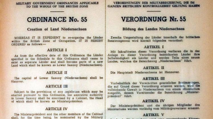 Die „Geburtsurkunde“ des Landes Niedersachsen: Die Verordnung Nr. 55 der britischen Militärregierung trat rückwirkend zum 1. November 1946 in Kraft.