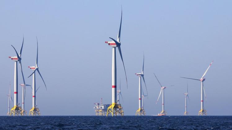 Windräder in der Ostsee vor Rügen drehen sich.