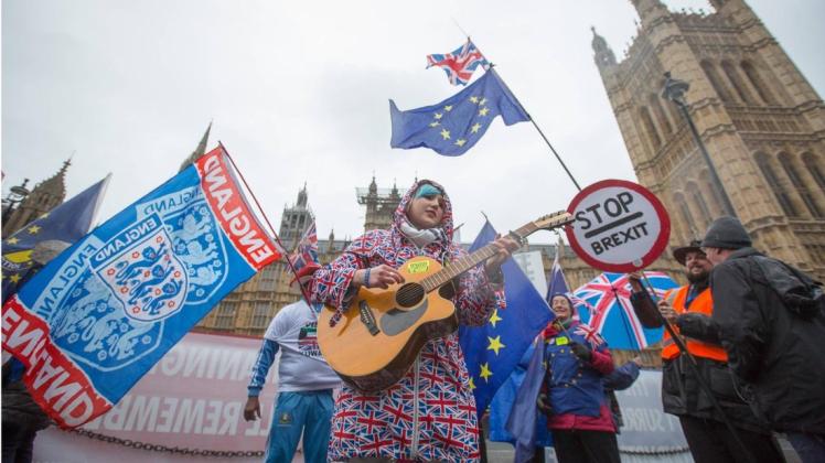 Eine junge Frau singt gegen den Brexit vor dem britischen Parlament in London an.