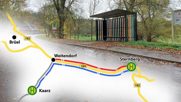 So sieht der Rufbusplan bislang aus. Von der Haltestelle in Kaarz muss man über Sternberg nach Weitendorf fahren. Ab dem 12. Dezember gibt es eine direkte Verbindung innerhalb der Gemeinde.
