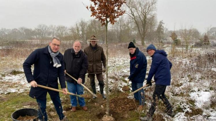 Sie packten mit an und pflanzten den Baum des Jahres: Markus Hedderich, Lothar Otto, Mario Axel, Folker Friedrich und Gerd Schriefer (v.l.n.r.).