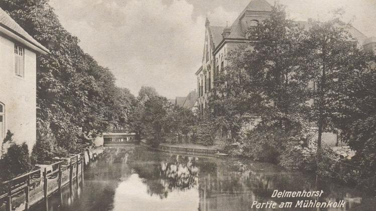"Partie am Mühlenkolk": Die Postkarte mit idyllischem Blick auf das Delmenhorster Amtsgericht ist 1920 versandt worden.