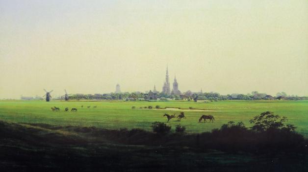 Friedrichs wohl schönstes Greifswald-Gemälde zeigt die in Licht getauchte Landschaft mit der Stadtsilhouette gleichsam als paradiesische Vision.