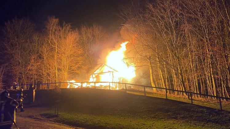 Feuerwehrleute löschen den Brand an der Bandelhütte am Hermannsdenkmal.